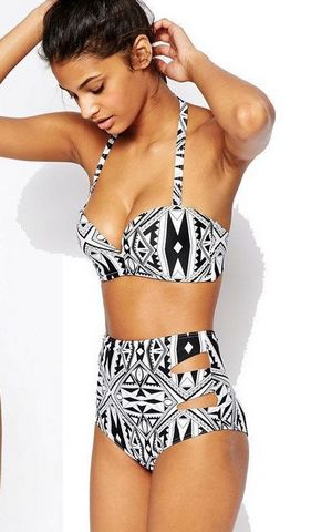 F4549 High waist Halter Bikini Vintage Ethnic Push up Geometry Padded Swimsuit